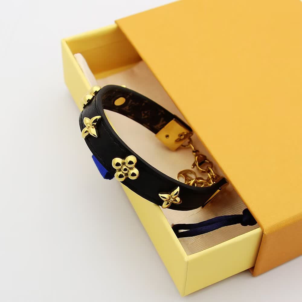 Louis Vuitton Black Leather Bracelet with Gold Accents